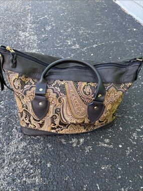 Vintage Paisley Pattern Tote Bag with Dark Brown Leather Trim